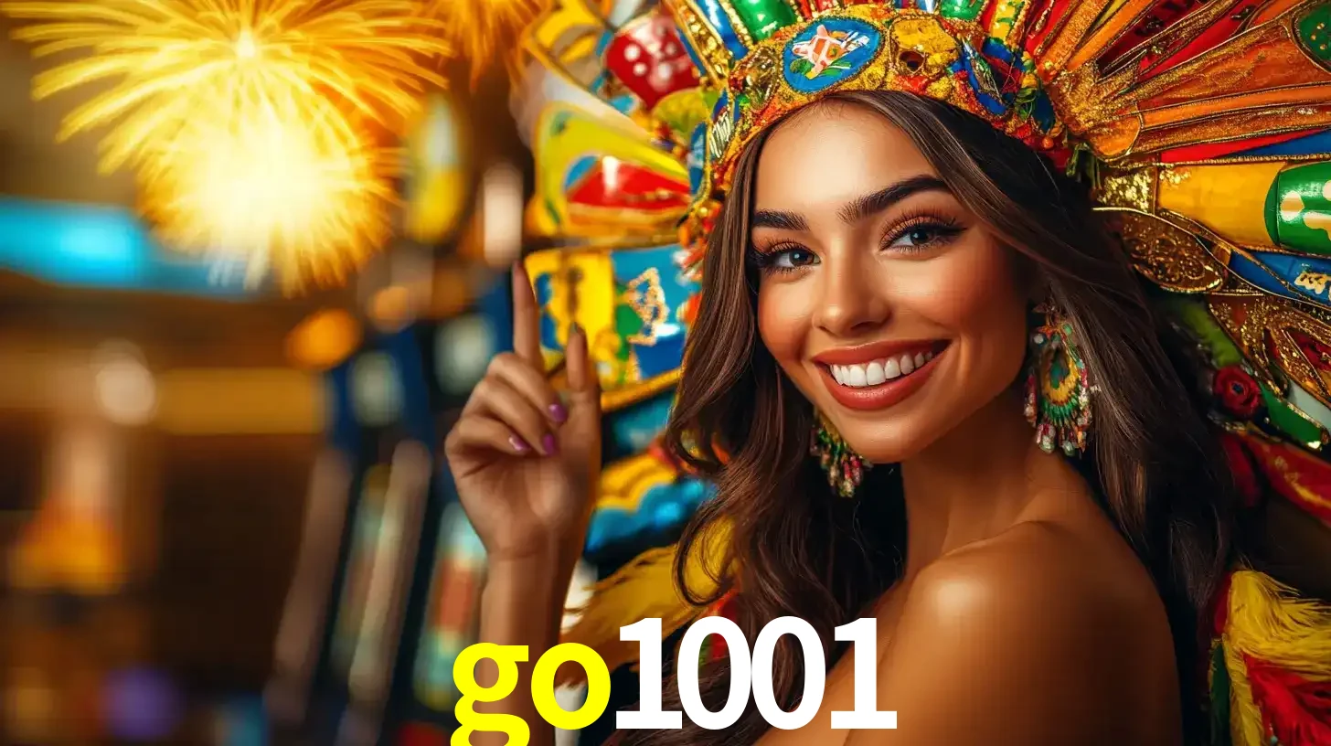 Mulher sorridente com um cocar de carnaval vibrante e colorido, celebrando uma grande vitória nos jogos do cassino go1001 com fogos de artifício ao fundo.