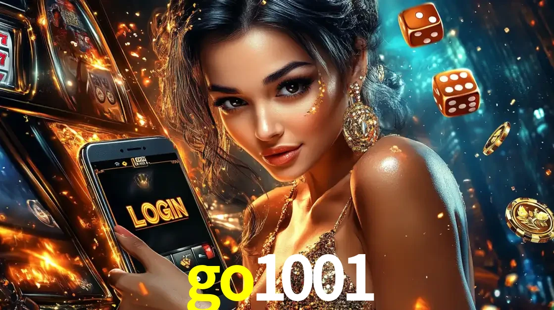 Mulher glamourosa segurando um celular com a tela de login do cassino go1001, rodeada por dados e moedas douradas, pronta para começar a diversão.