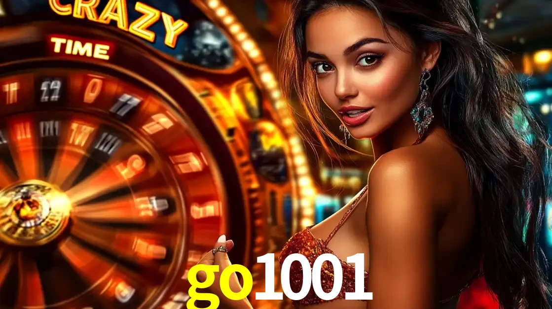 Mulher ao lado da roda de prêmios do jogo de cassino ao vivo Crazy Time, um dos shows de jogos mais emocionantes oferecidos pela plataforma de apostas go1001.