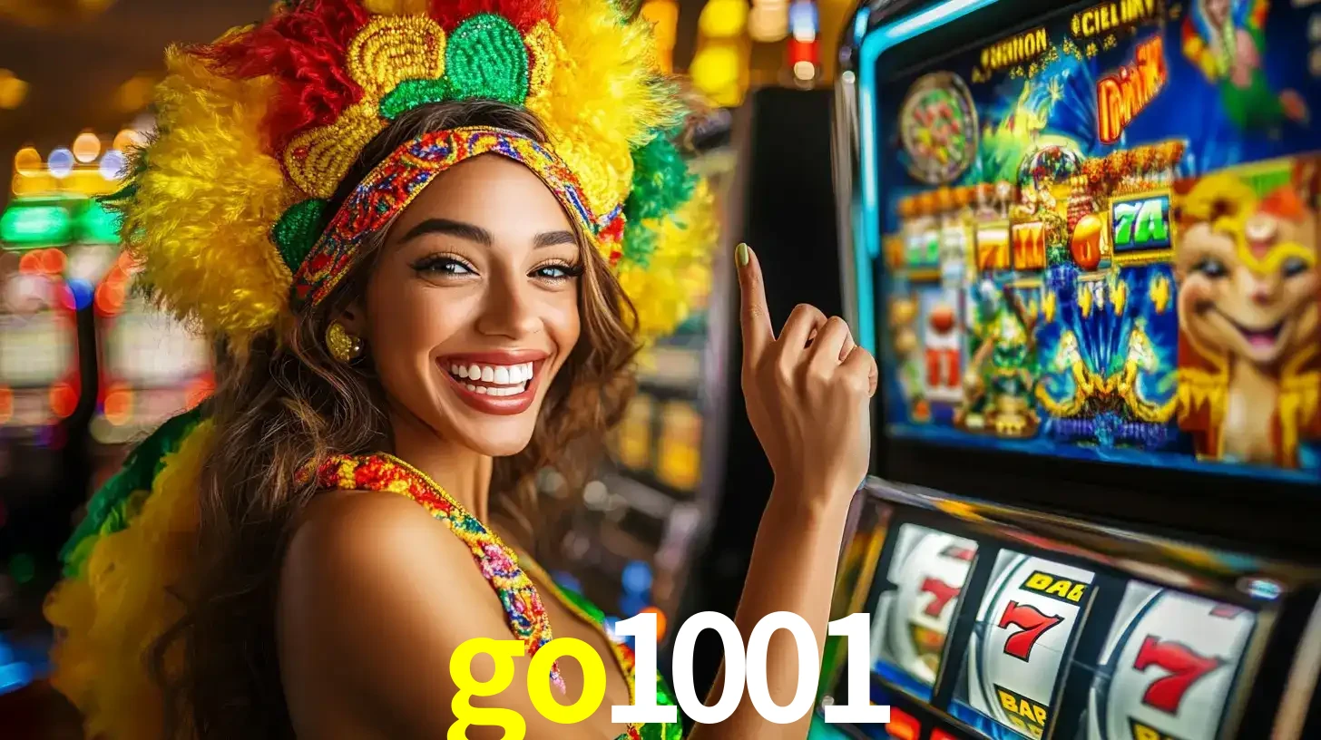 Mulher animada com um cocar de carnaval apontando para uma máquina de caça-níqueis, mostrando a emoção de ganhar um grande prêmio nos jogos do go1001.