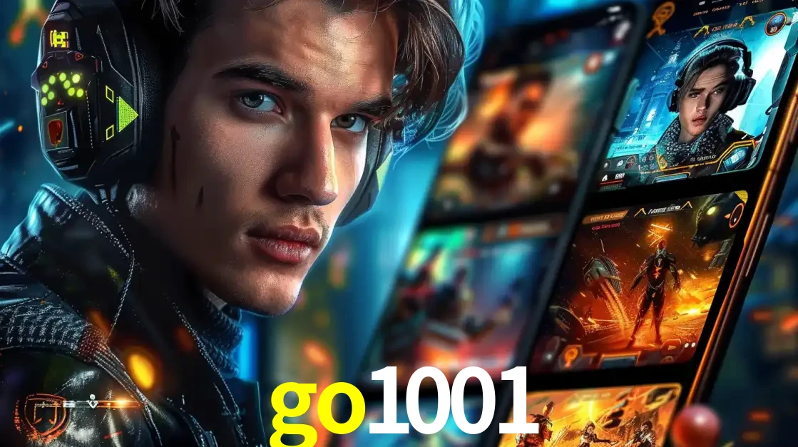 Jovem jogador com fones de ouvido olhando para a câmera, com um aplicativo de jogos e e-sports para celular ao fundo, pronto para a competição e apostas no go1001.