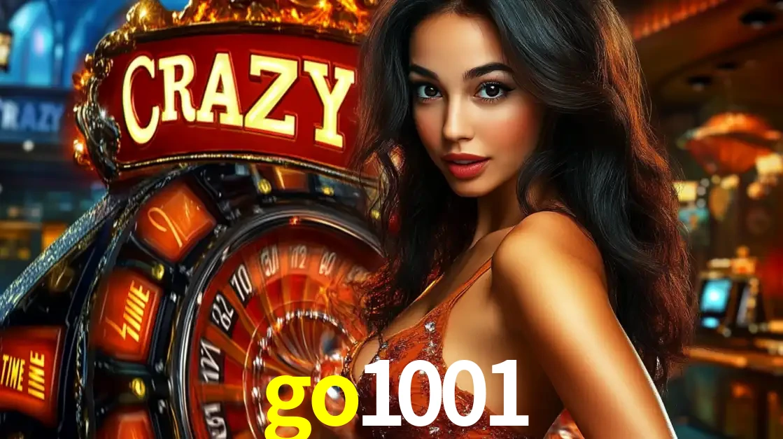 Mulher glamourosa olhando para a câmera com a roda vermelha do Crazy Time ao fundo em um ambiente de cassino, destacando a emoção dos jogos ao vivo no go1001.