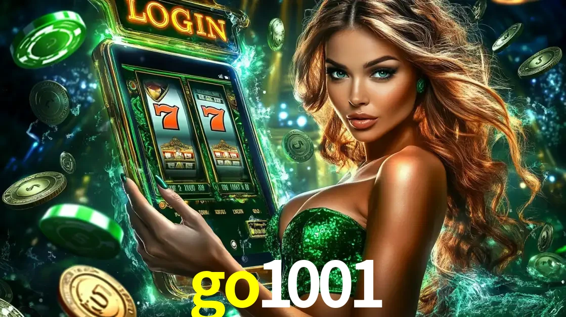 Mulher com tema verde apresentando o aplicativo do cassino go1001 com um jogo de slot de 777, cercada por fichas de cassino e uma aura de sorte.