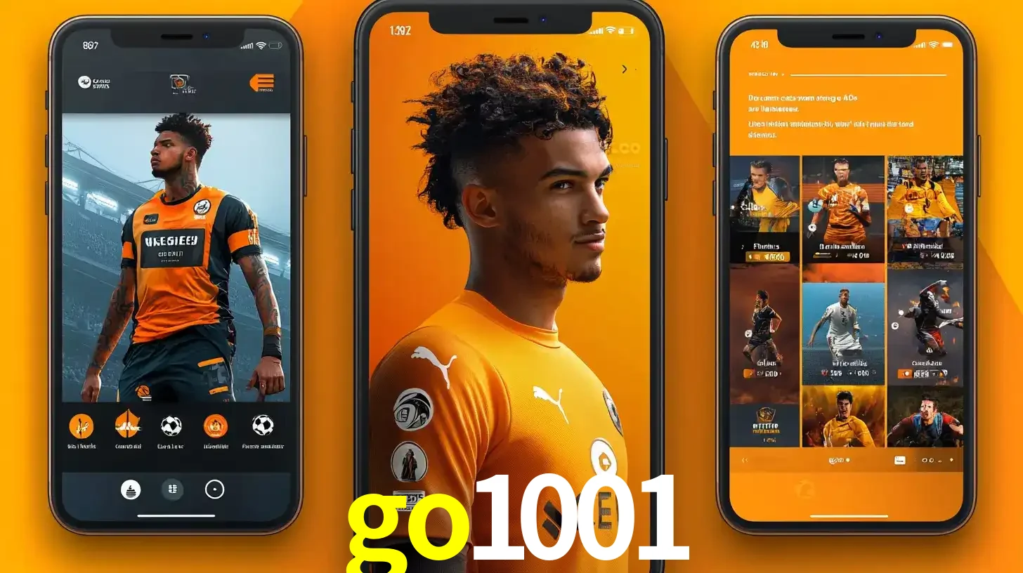Interface do aplicativo de apostas esportivas go1001 em três telas de celular, mostrando o perfil de um jogador de futebol e a lista de jogos disponíveis para apostar.