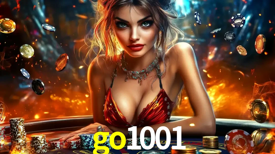Mulher em uma mesa de cassino com pilhas de fichas e um fundo de fogo, pronta para uma rodada de altas apostas nos jogos de mesa emocionantes do cassino go1001.