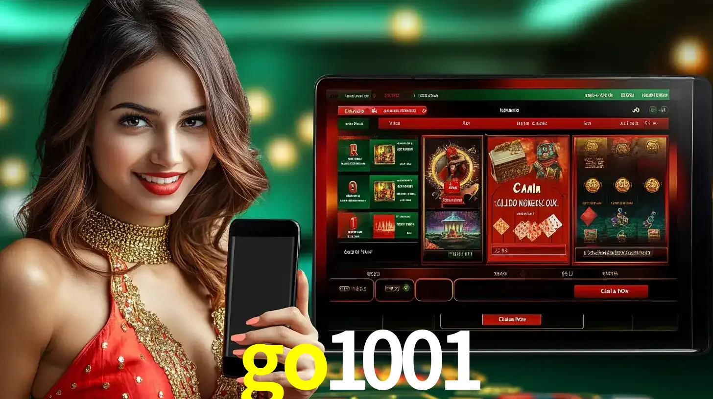 Mulher sorridente segurando um smartphone, ao lado de uma tela exibindo o lobby de jogos do cassino online go1001, com várias opções de jogos de cartas e slots.